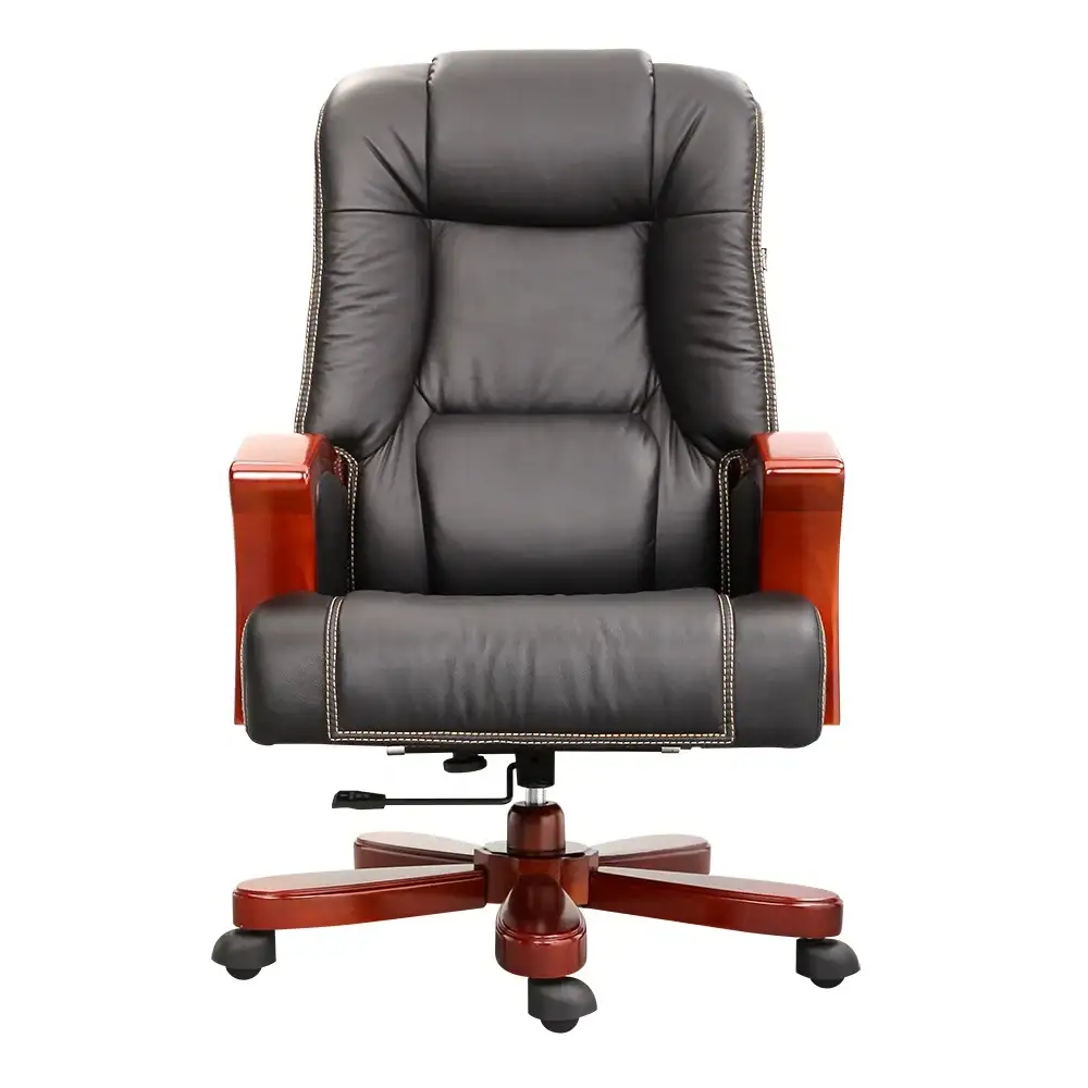 Silla de oficina de madera de cuero Pu, giratoria, cómoda, ergonómica, clásica, con respaldo alto, venta al por mayor de fábrica, color negro 1