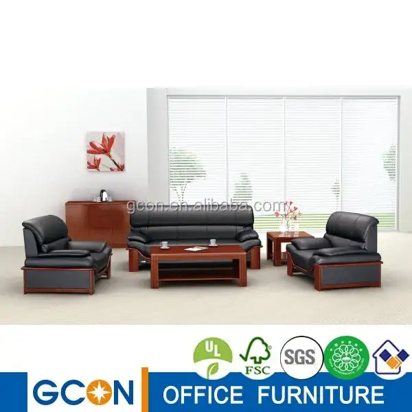 Teak Color Wood High Quality Pu/ Leather Office Sofa Set 1