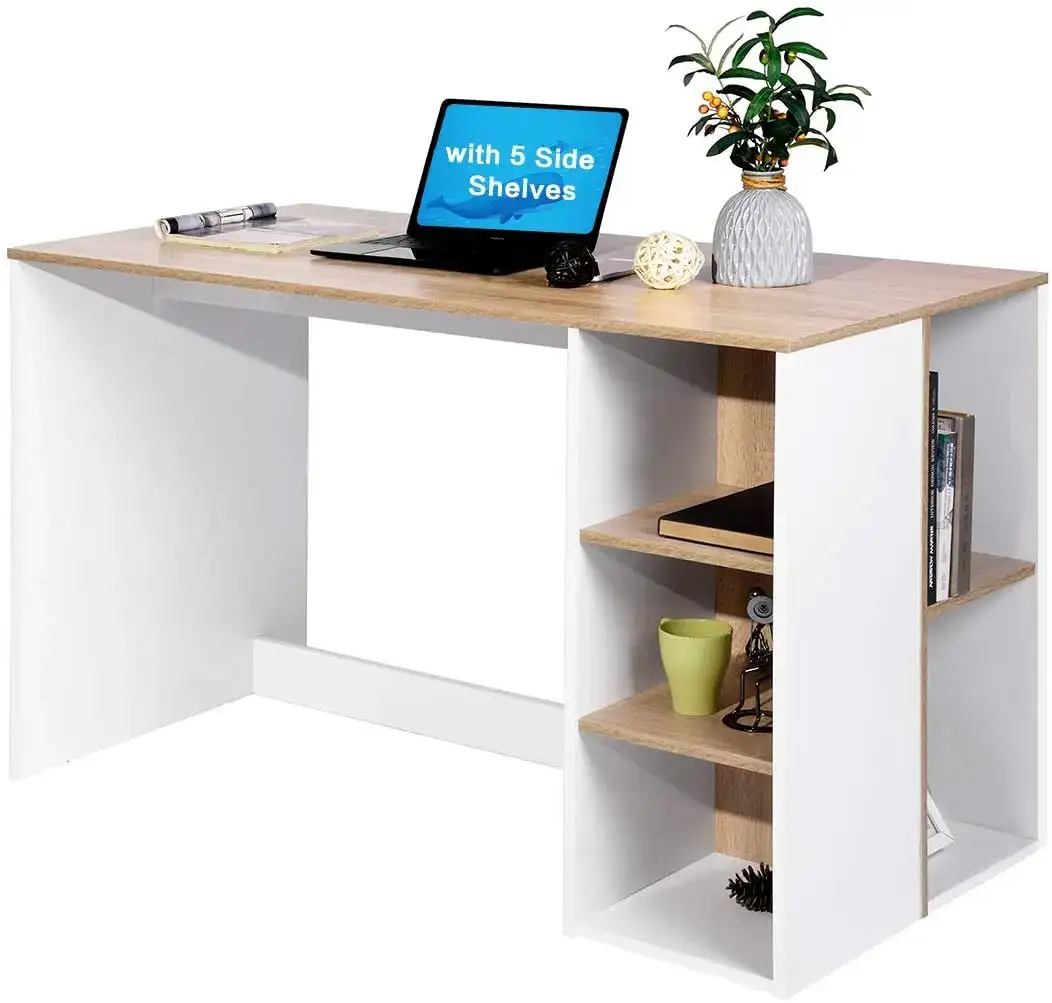 Bureau d'ordinateur avec rangement, grand bureau d'étude pour étudiants avec 5 étagères, table d'ordinateur portable pour bureau à domicile, poste de travail moderne en bois 1