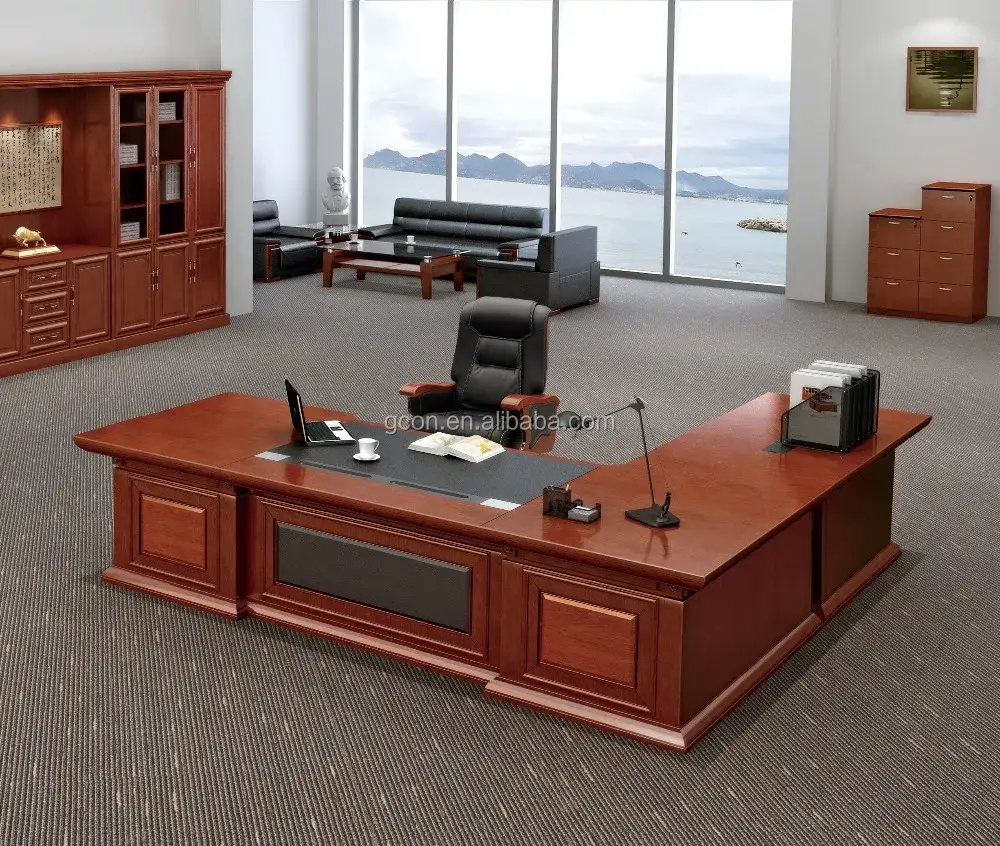 Bureau de direction en bois de luxe moderne en forme de L avec table d'appoint 1