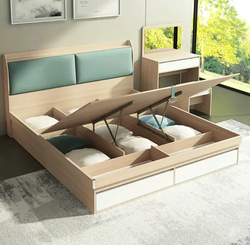Rekaan Baharu Perabot Bilik Tidur Katil Kayu Dengan Penyimpanan Set Bilik Tidur Moden 1