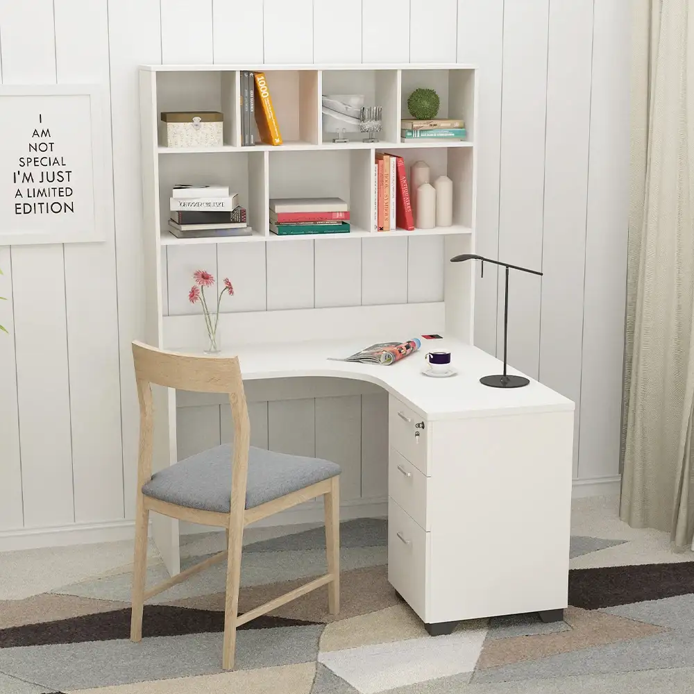 White L Shape Computer Desk With Bookcase Solid Oak Wood Corner Table With Bookshelves Home Office Furniture 1