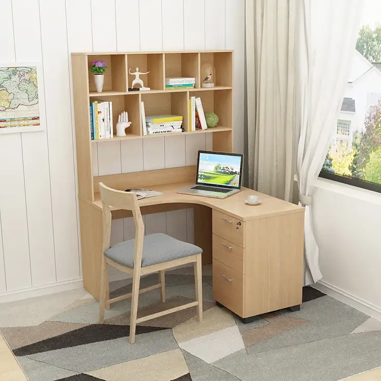 Scrivania per ufficio domestico, tavolo per computer in legno a forma di L con ripiani, mobili per sala studio ad angolo a forma di L 1