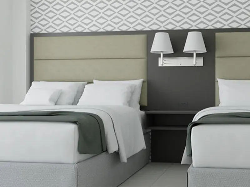 GCON Adr-HB-01 Gepolstertes Hotel-Kopfteil für zwei Queen-Size-Betten mit angeschlossenem Nachttisch 1