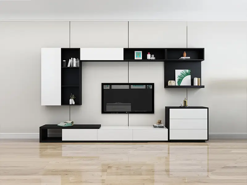 GB-551 Extendable TV Stand and Wall Cabinet Set GCON 3-Drawer Black and White Retractable Media Console 1