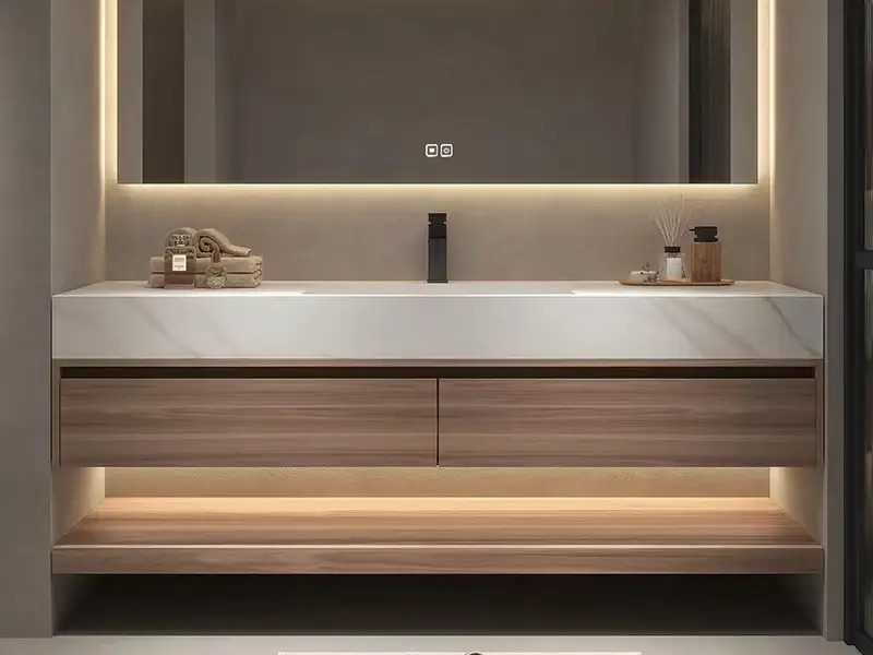 GCON Adr-BV-05 Hotelbadezimmer-Wandwaschtisch mit zwei Schubladen und LED-Lichtleiste 1