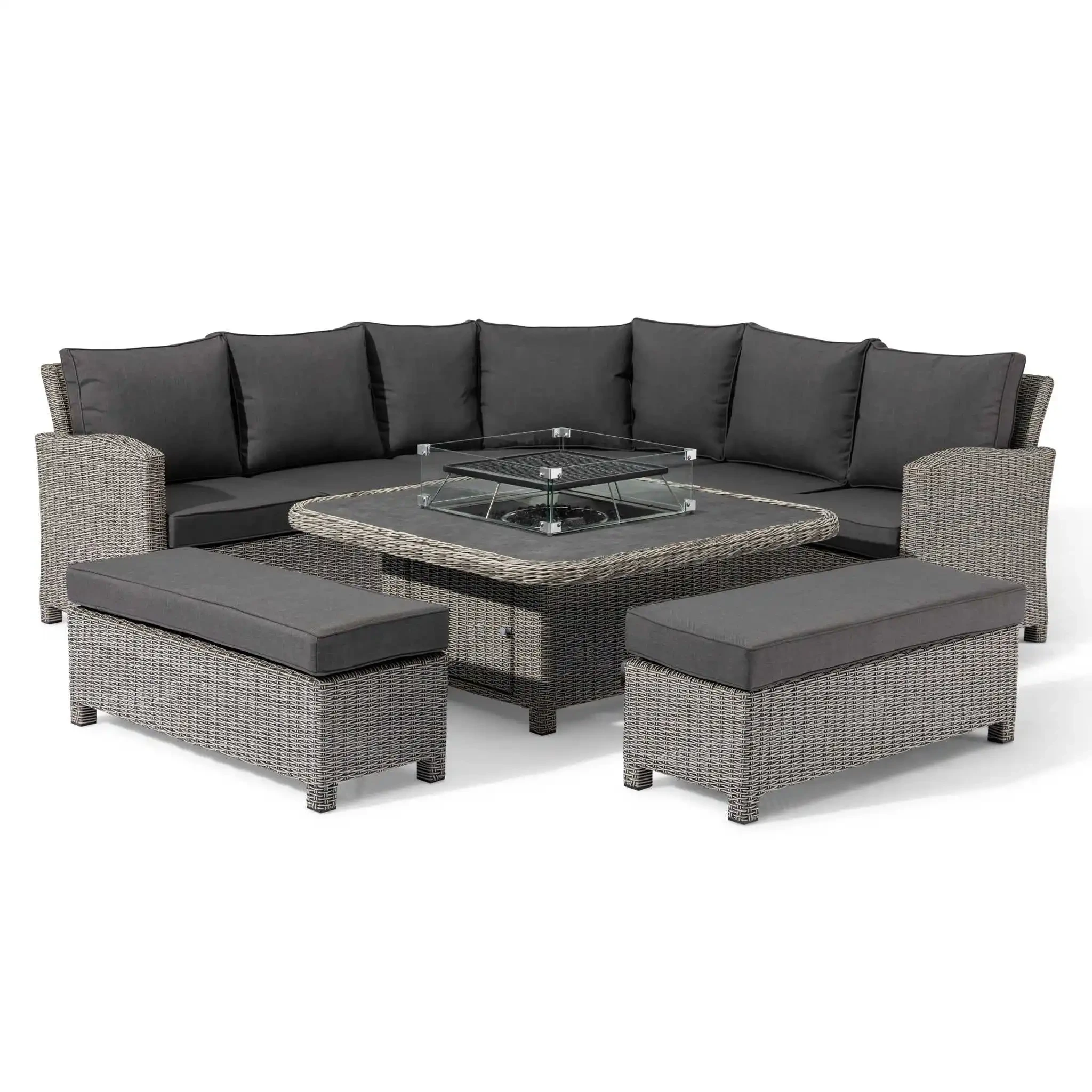 Ensemble de meubles d'extérieur en osier en métal imperméable, ensemble de salle à manger d'angle rectangulaire en rotin carré avec foyer en aluminium montant 1