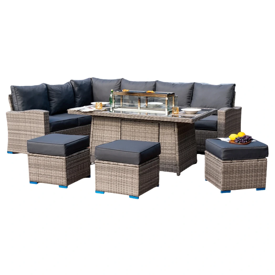 Meubles d'extérieur en rotin, foyer au Propane sans fumée, Table de Patio, chauffage en osier, ensembles de salon de jardin avec foyers à gaz 1