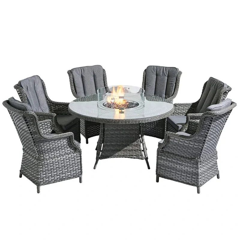 Foyer rond d'extérieur en aluminium et osier Propane, mobilier d'extérieur de jardin, ensemble de canapé en rotin et métal avec Table de foyer 1
