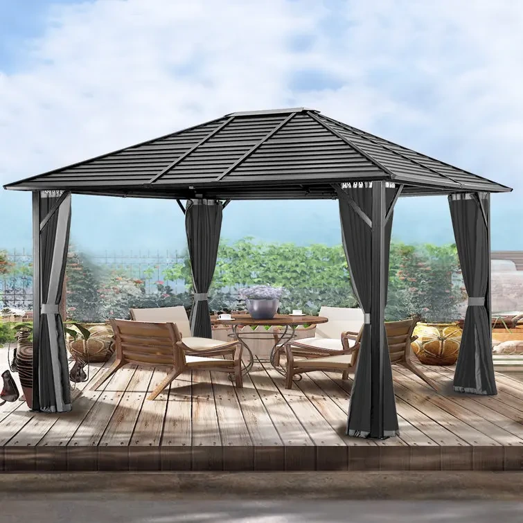 Metal Patio Furniture Outdoor Single Roof Canopy Aluminium Sunshade Garden Hardtop Gazebo With Curtain And Mosquito Netting 1
