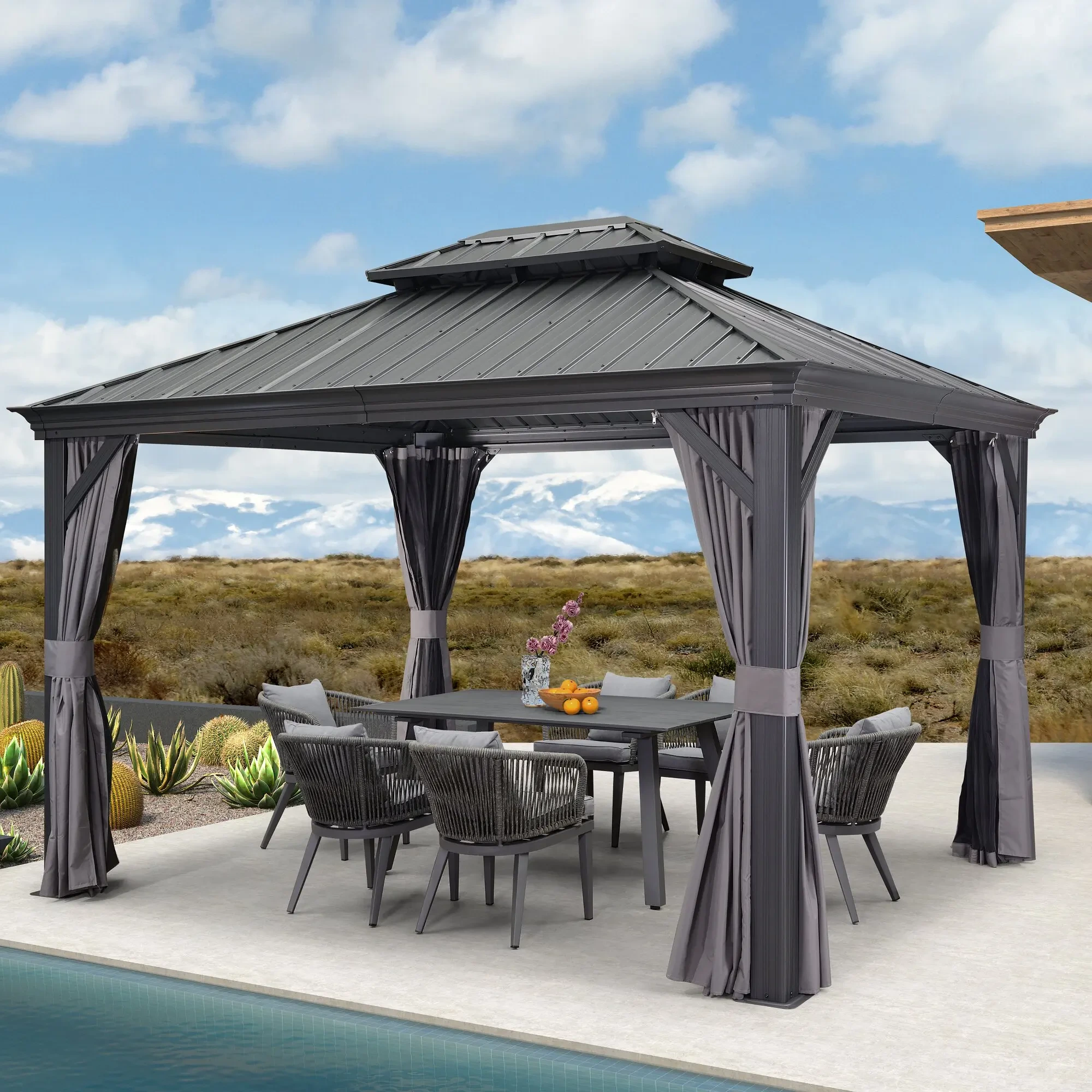 Patio Outdoor Waterproof Metal Custom Size Aluminium Gazebo With Curtain And Mosquito Netting Garden Double Roof Hardtop Gazebo 1