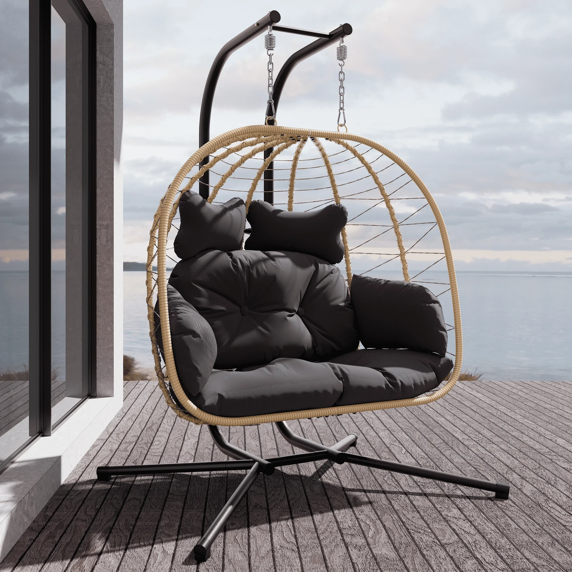 Outdoor Rattan Double Egg Chair With Stand Hammock Cushion Foldable Patio Wicker Hanging Loveseat Garden Wicker Swing Chairs 1