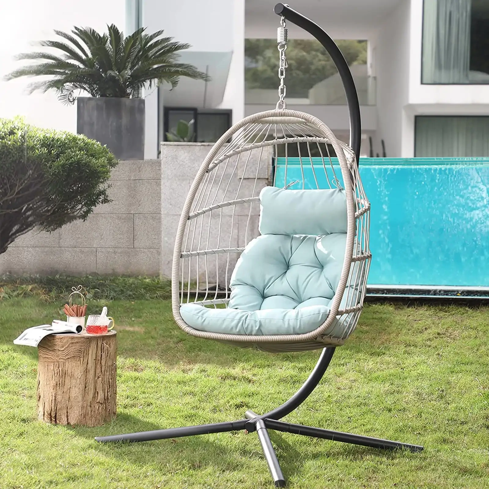 Chaise pivotante en rotin avec support, hamac, coussin, pliable, extérieur, suspendu en osier, jardin 1