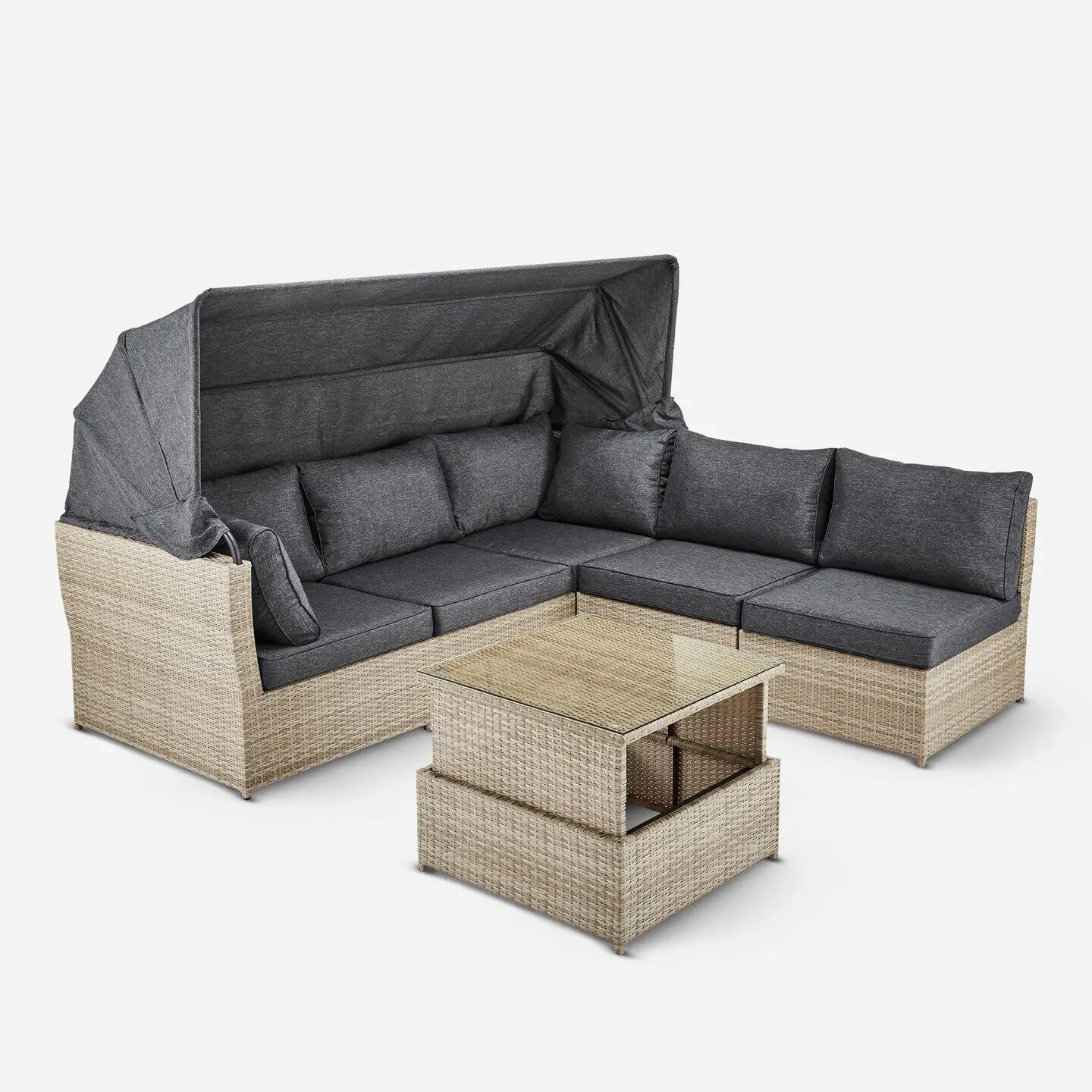Outdoor Furniture Backyard Combination Lounge Set Patio Sun Lounger With Rising Table Garden Rattan Sun Lounge Daybed Day Bed 1