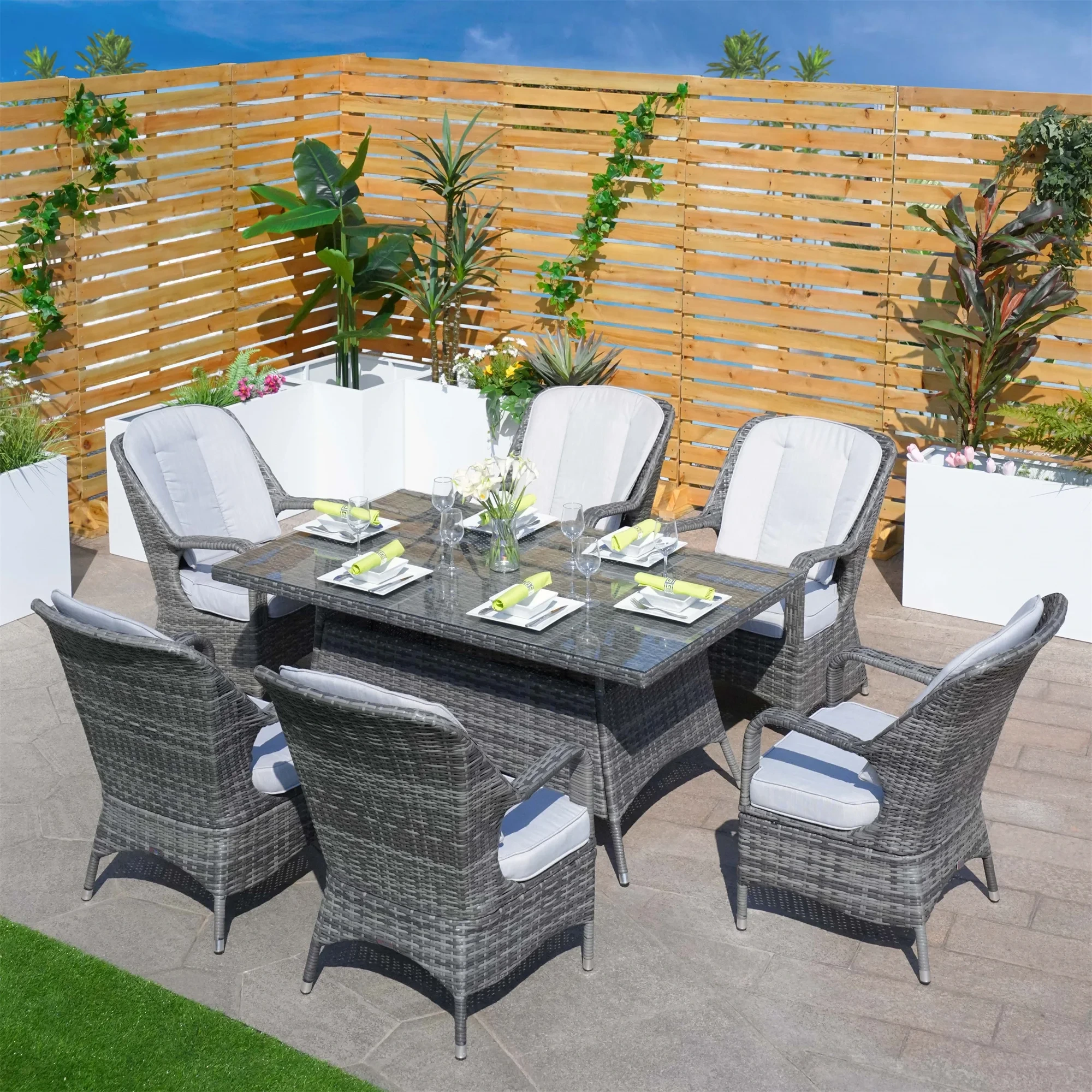 Luxury Restaurant Dining Table Outdoor Rattan Furniture Garden Wicker Chairs With Round Table Patio 6 Seat Wicker Dining Set 1