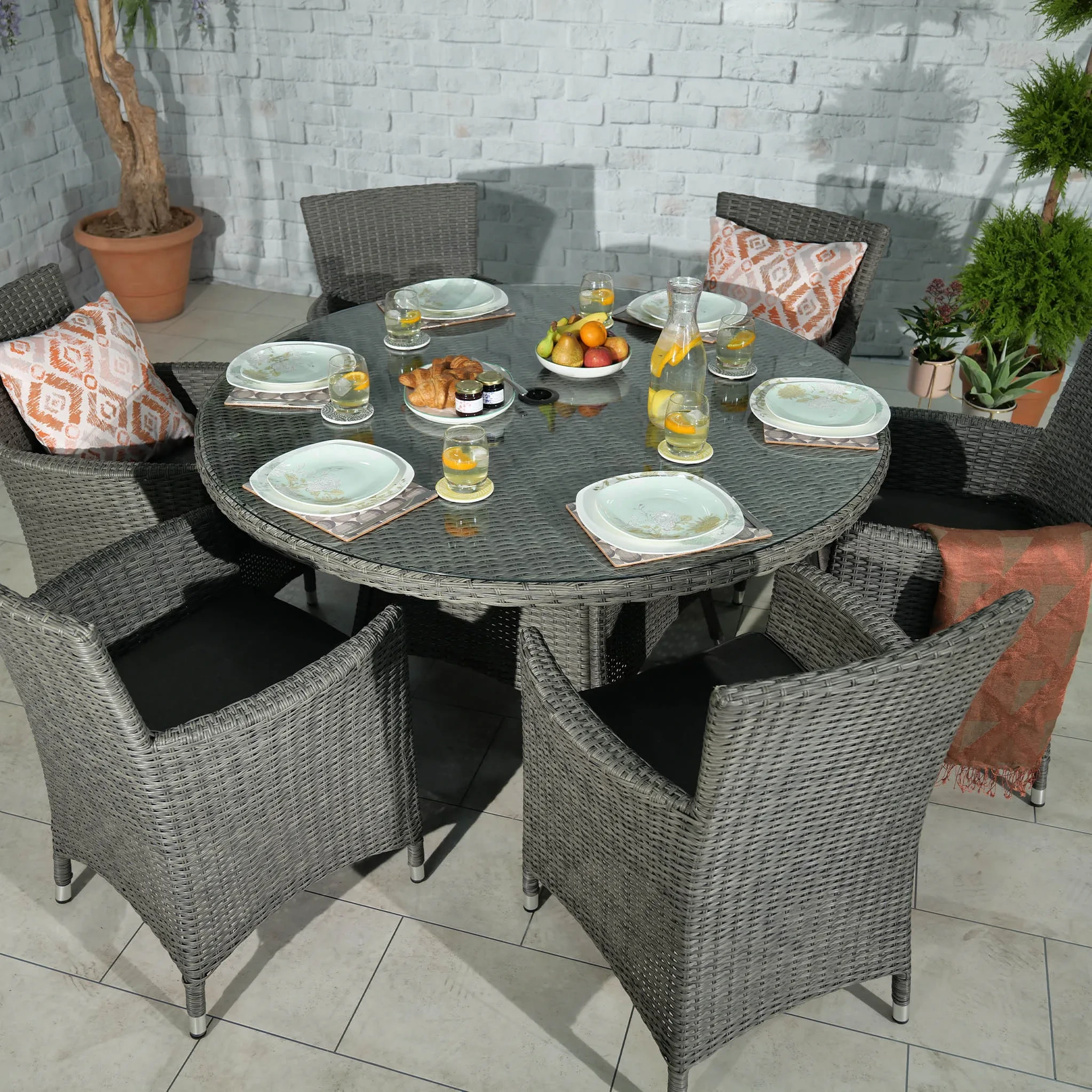 Chaises de cour en osier avec Table, meubles d'extérieur en rotin, ensemble de salle à manger rond en rotin à 6 places, ensembles de bistro de jardin 1