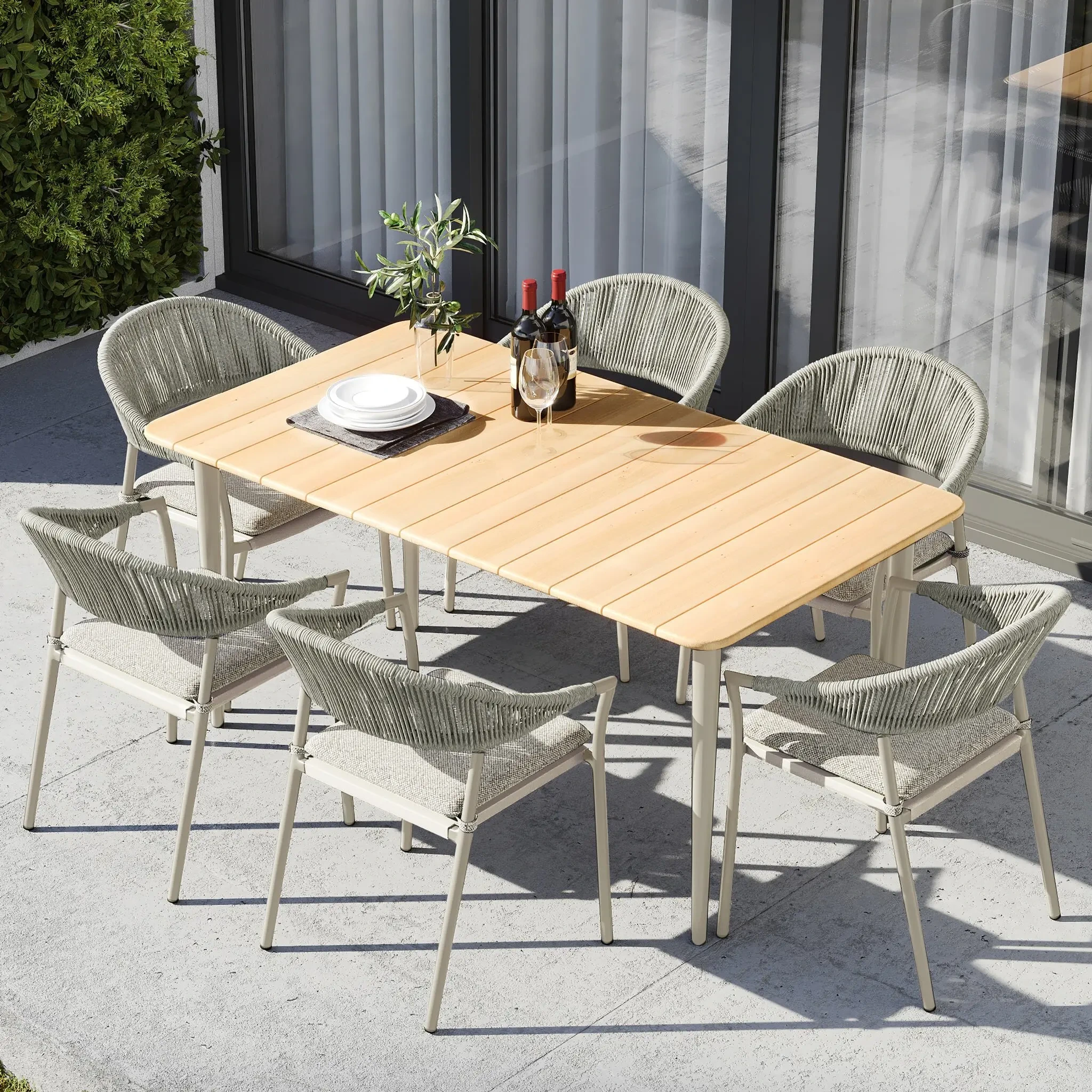 Morden – ensemble de salle à manger d'extérieur pour Restaurant, meubles de jardin, Patio, Table en bois de teck avec chaises tissées en corde hydrophobe 1
