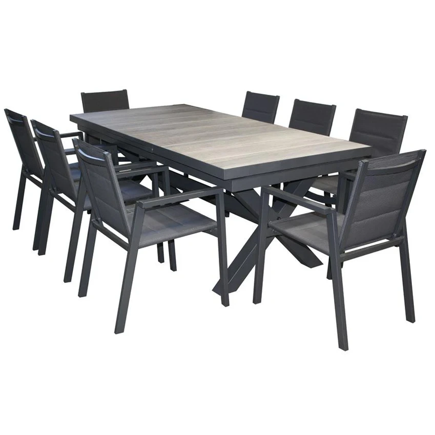 Mobilier de Restaurant, jardin extensible, 9 pièces, ensemble de salle à manger d'extérieur empilable en aluminium, chaise de Patio et Table en céramique à Extension automatique 1