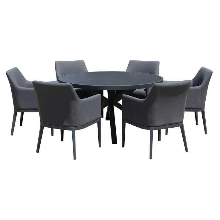 Ensemble de meubles d'extérieur en aluminium de style contemporain en métal imperméable, ensemble de salle à manger en tissu à 6 sièges avec plateau rond en céramique et verre 1