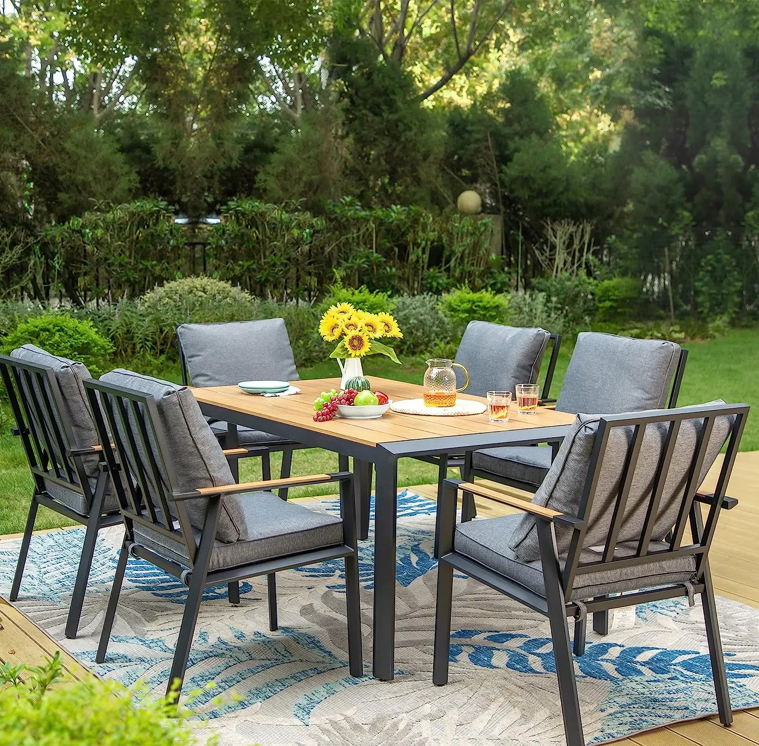 Meubles de Patio en métal, ensemble de salle à manger de jardin en aluminium avec coussins imperméables pour Table et chaises d'extérieur en bois pour 6 personnes 1