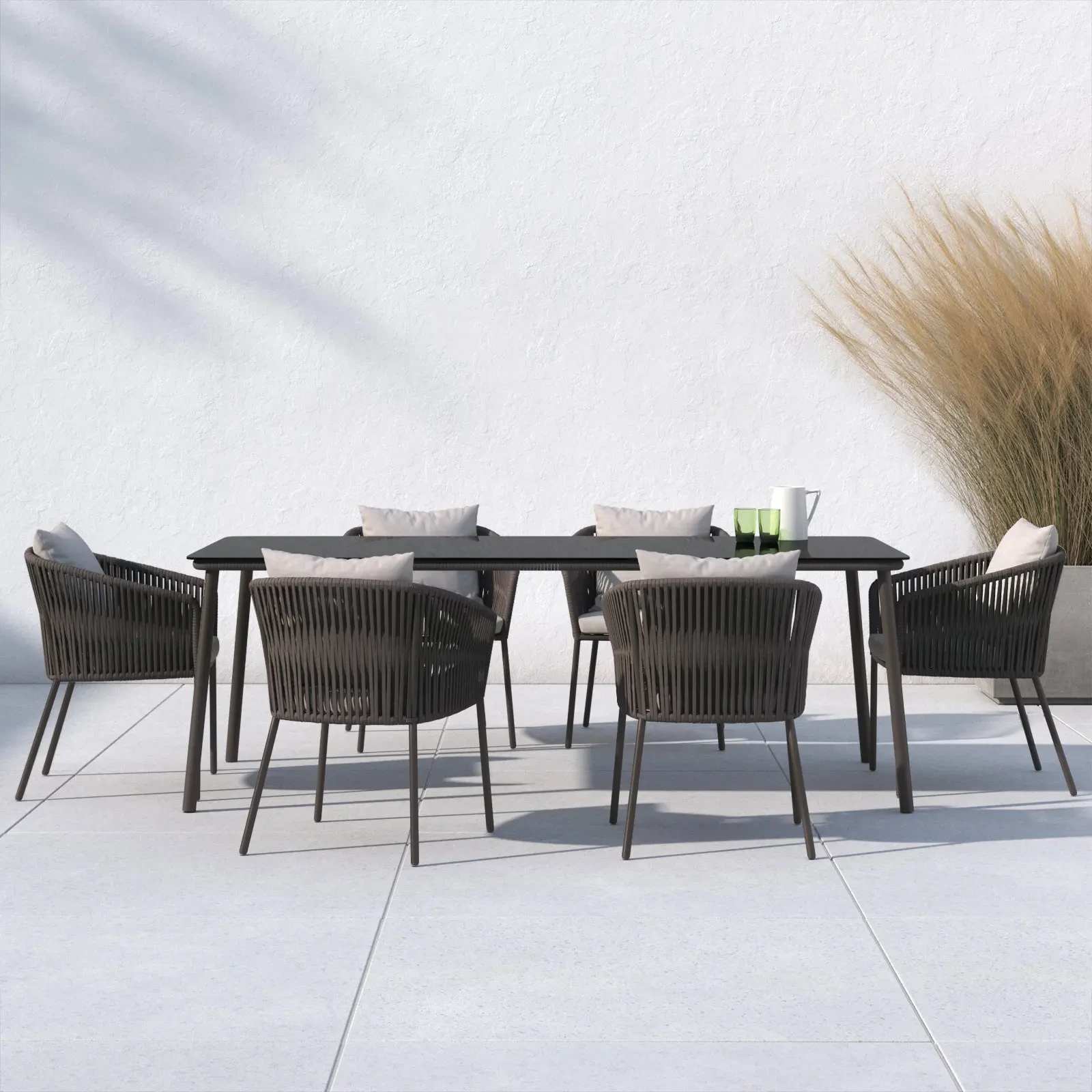 Ensembles de salle à manger de Patio, meubles d'extérieur en métal et aluminium, imperméables, Table et chaises de luxe modernes en corde, pour jardin 1
