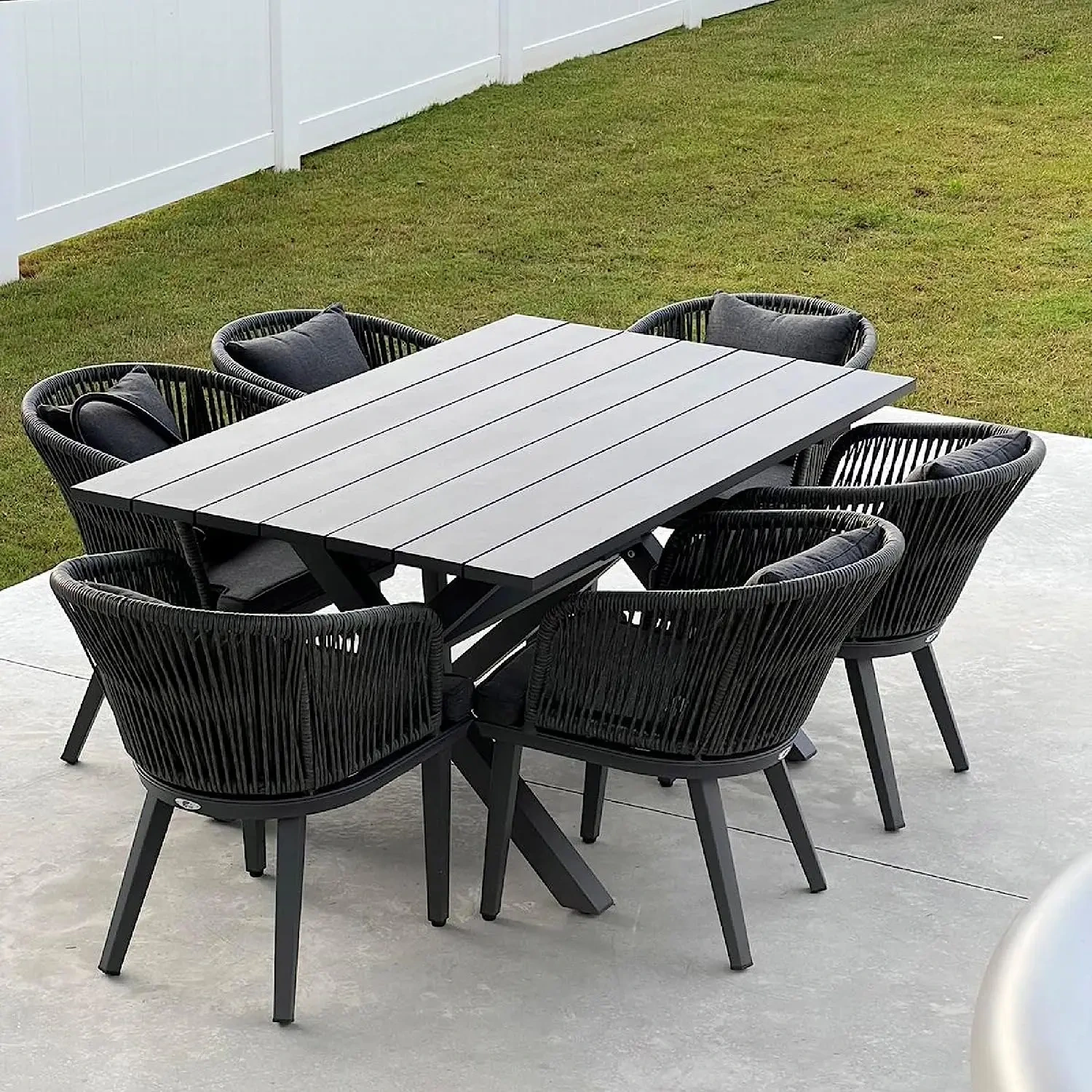 Meubles de Patio en aluminium imperméables en métal, 7 pièces, tous temps, ensembles de salle à manger d'extérieur, chaises de jardin en corde avec Table 1