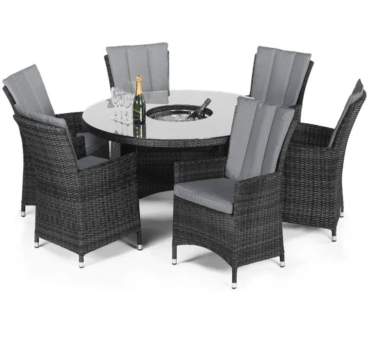 Mobilier de jardin extérieur 6 sièges, seau à glace rond en rotin, ensemble de salle à manger avec coussins confortables 1