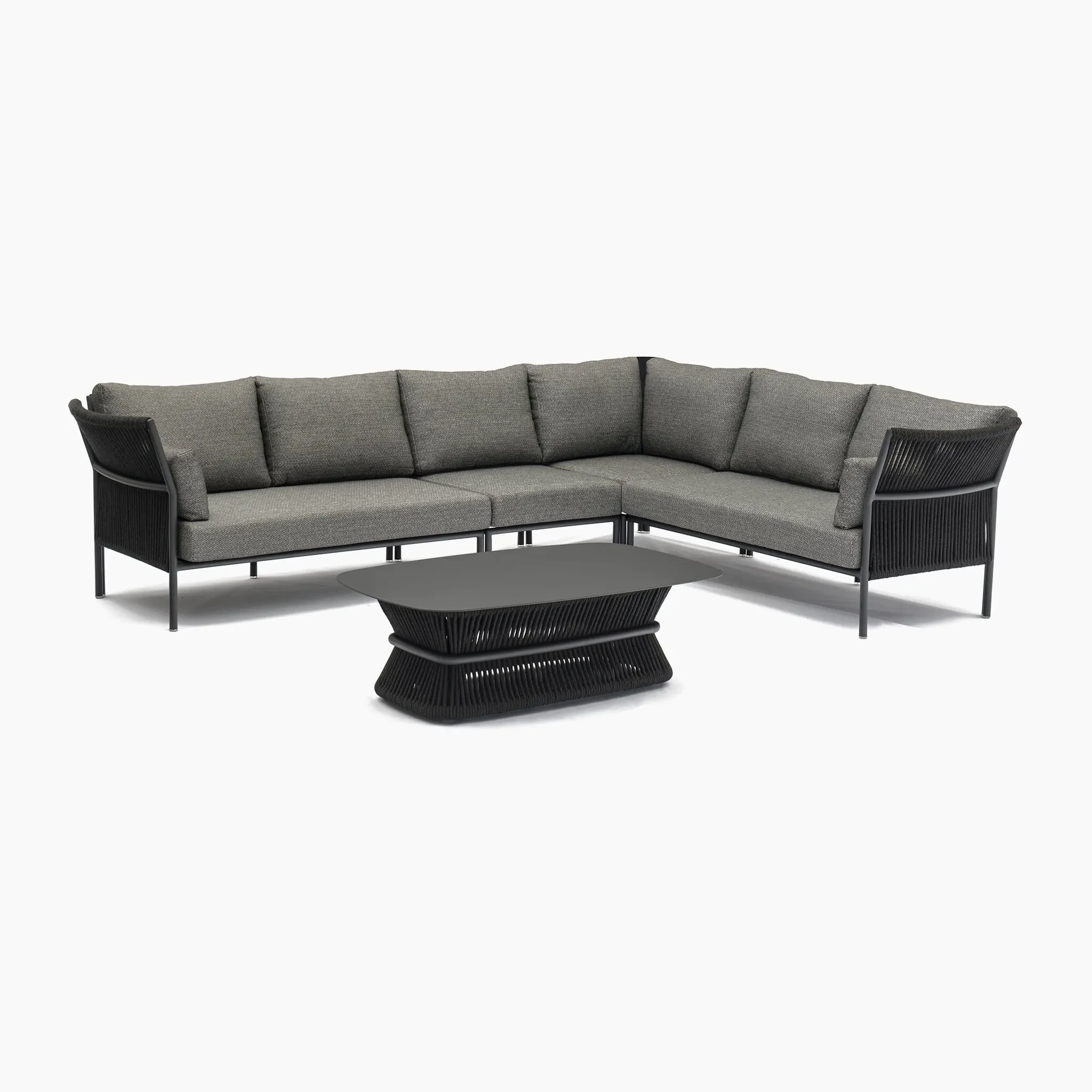 Canapé d'angle de jardin en corde de Patio en aluminium, mobilier d'extérieur moderne, étanche, en forme de L, avec ensemble de Table basse 1