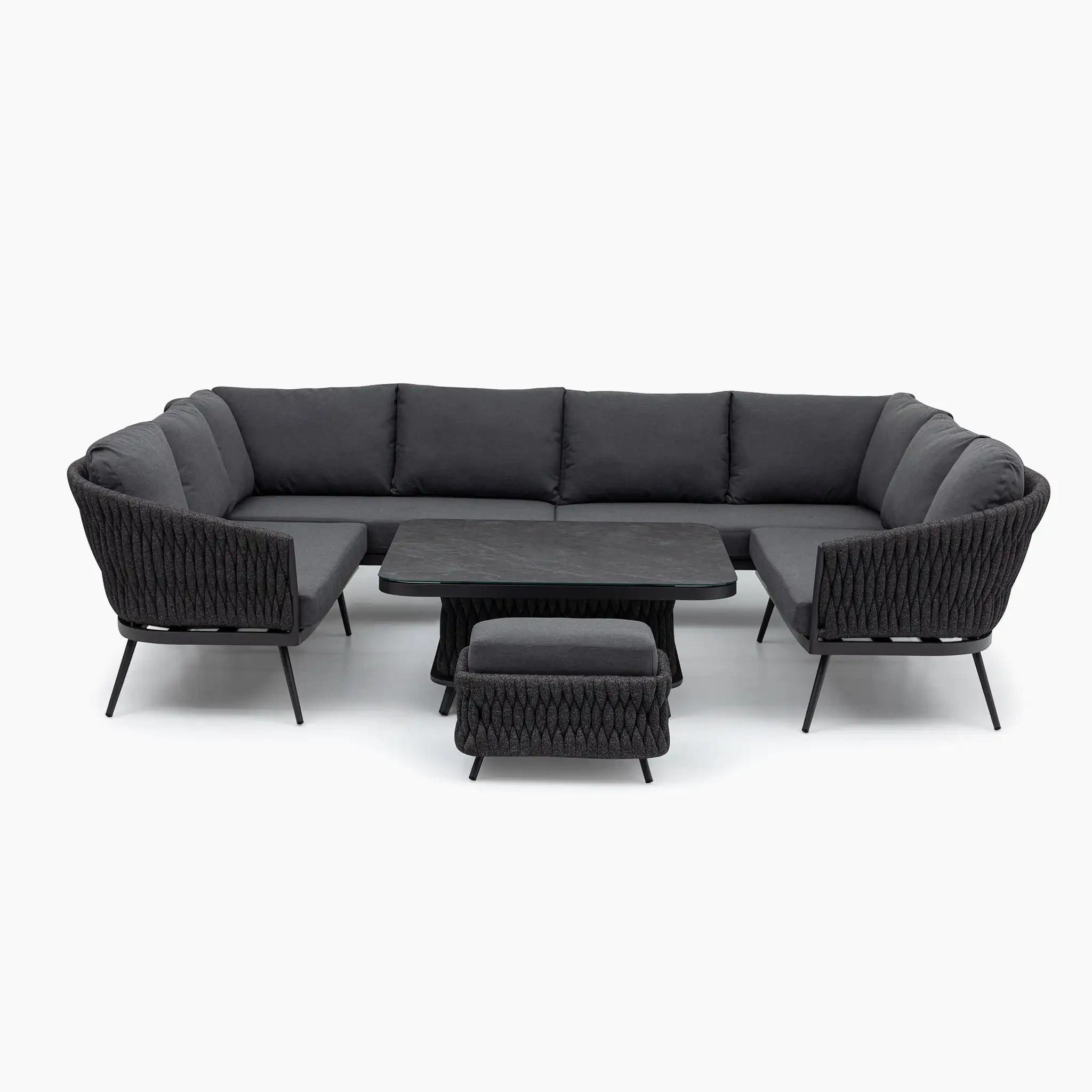 Hotel Outdoor Furniture U Shape Rope Sofa Garden Conversation Sets With Rising Table Courtyard Lounge Sofa With Ottomans 1