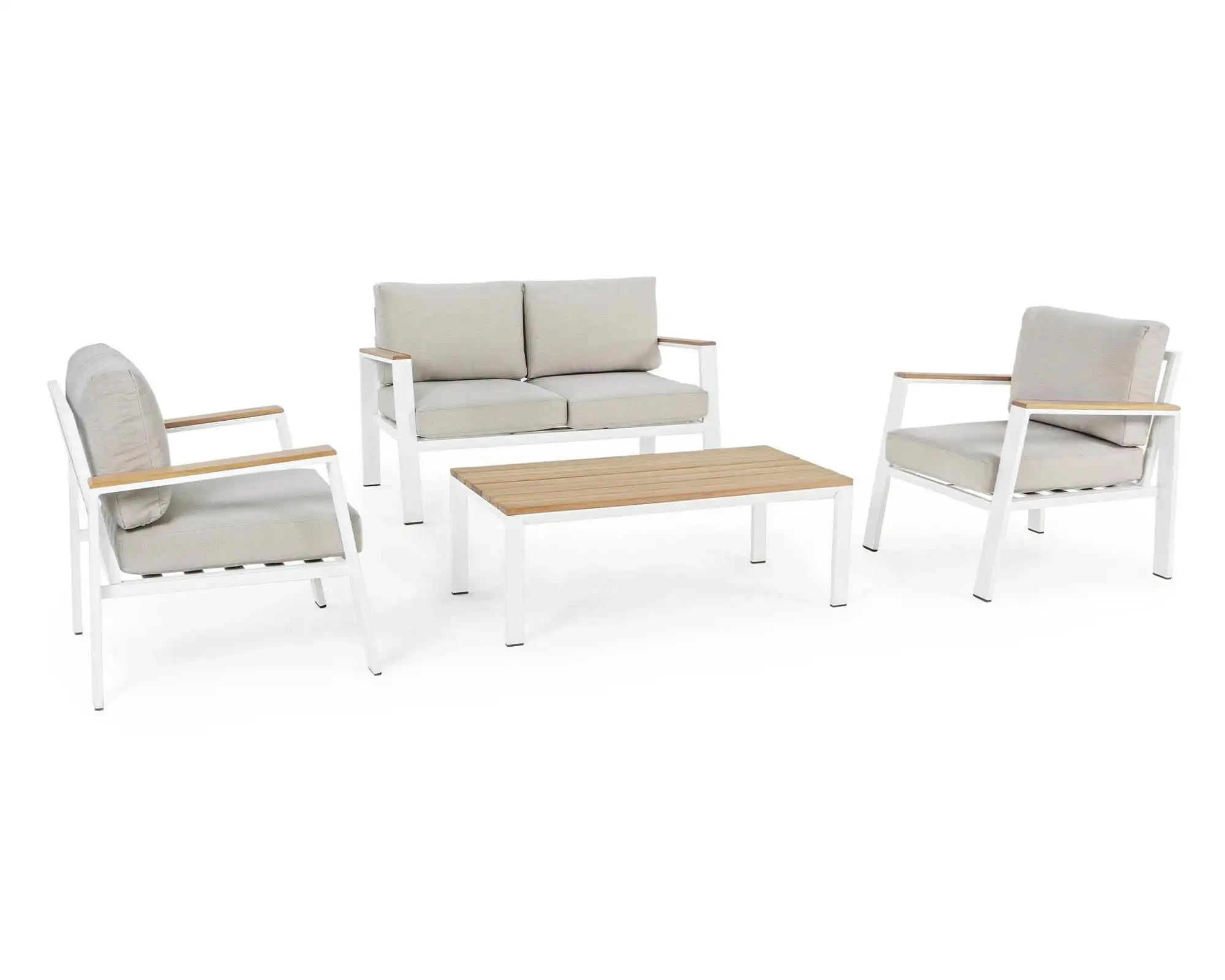 Ensemble de canapé souple imperméable, meubles de Patio en aluminium, avec Table basse, ensembles de Conversation de jardin en métal, siège de canapé en bois de teck d'extérieur 1