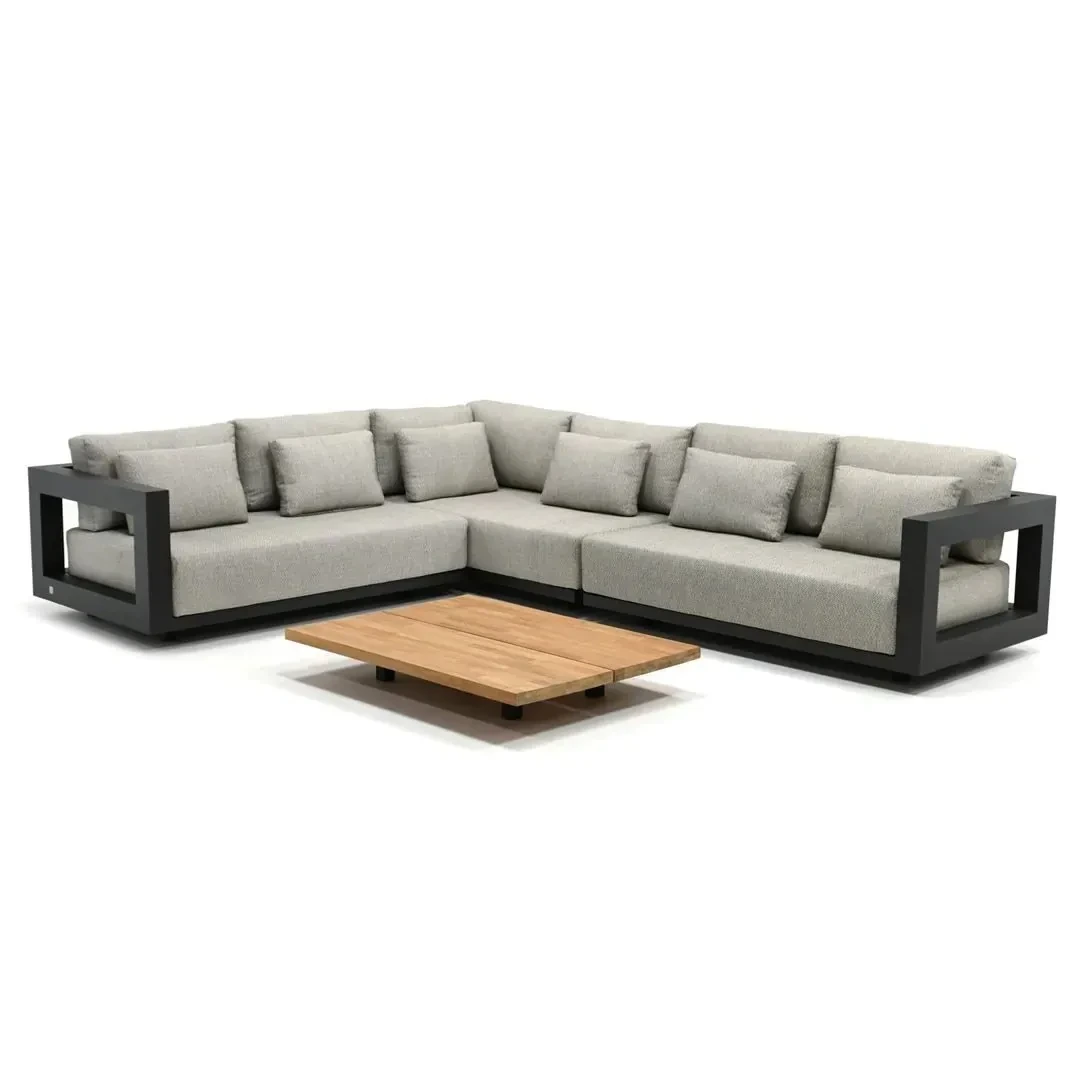Meubles de Patio en métal, ensemble d'angle de groupe de salon sectionnel d'extérieur étanche avec Table en bois de teck, canapé de jardin en aluminium 1