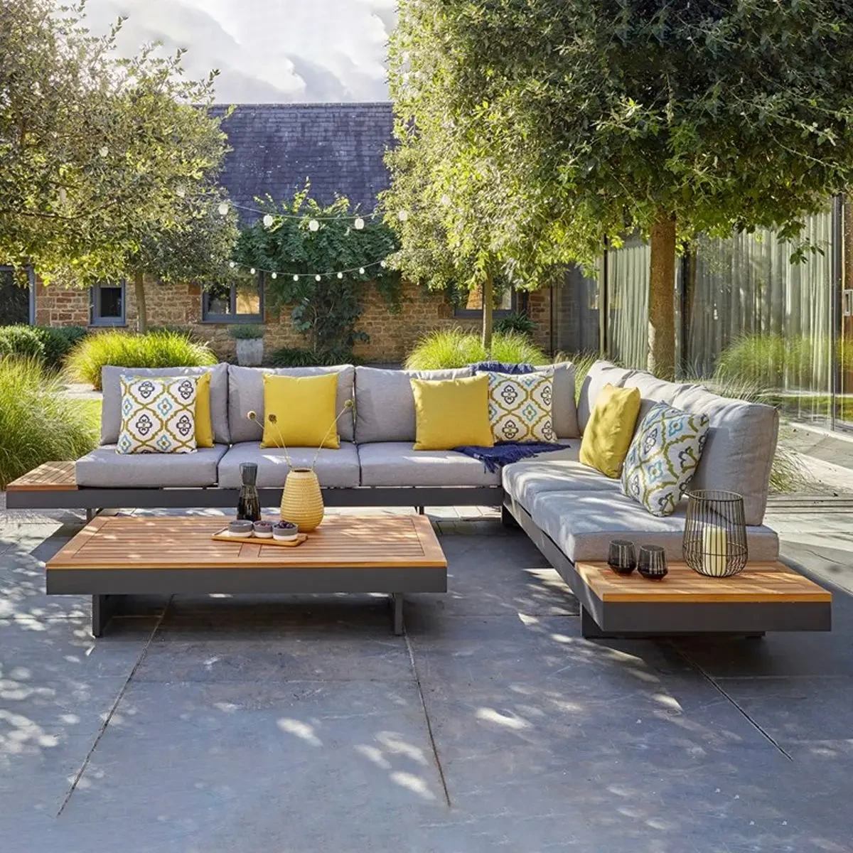 Ensemble sectionnel en bois de teck en aluminium de meubles de jardin imperméables en métal avec coussins gris ensemble de canapé de Patio de meubles d'extérieur 1