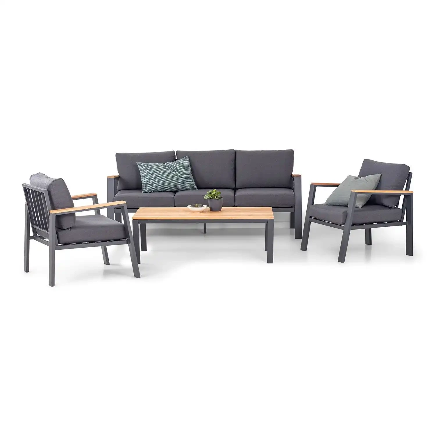 Ensemble de canapé souple imperméable, meubles de Patio en aluminium, avec Table basse, ensembles de Conversation de jardin en métal, siège de canapé en bois de teck d'extérieur1 1