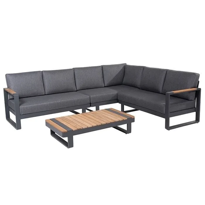 Ensembles de canapés de Patio en métal sectionnels en forme de L, meubles d'extérieur en aluminium imperméables avec ensembles de canapés en aluminium de jardin en bois de teck 1