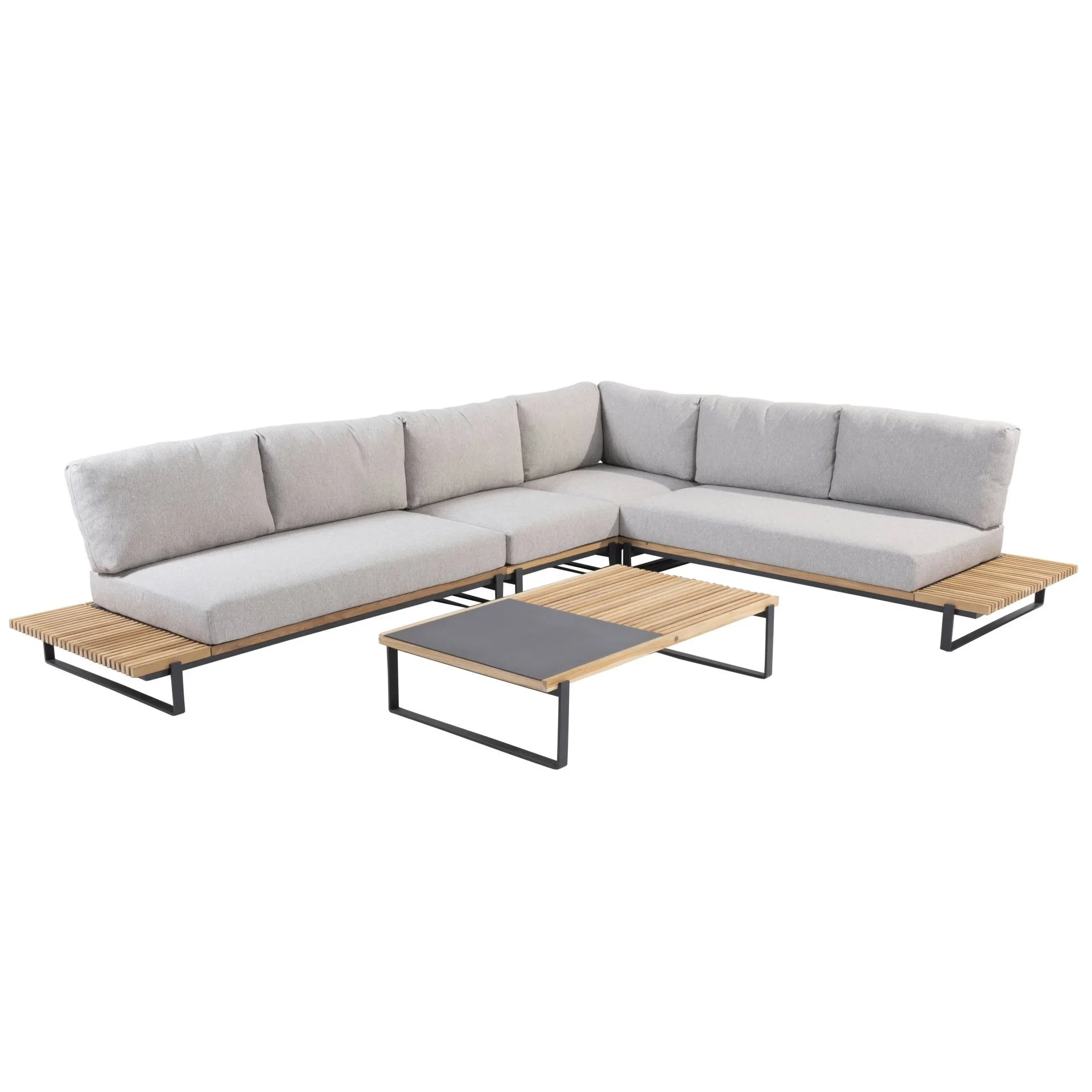 Mobilier d'extérieur en aluminium, ensemble de canapé en tissu imperméable en bois de teck, ensemble de salon sectionnel, canapé d'angle de jardin en métal 1