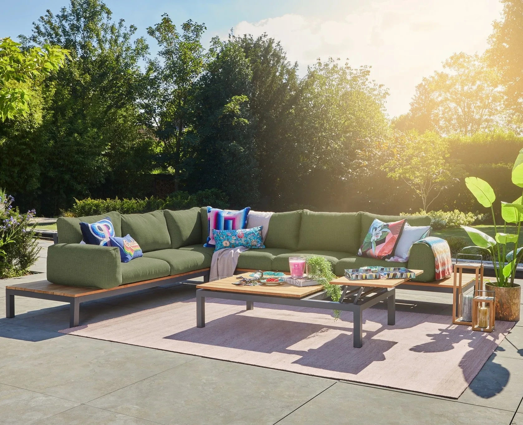Salon extérieur de luxe en bois de teck résistant aux intempéries, imperméable, avec Table basse, Patio en métal, ensemble de canapé d'angle de jardin sectionnel en aluminium 1