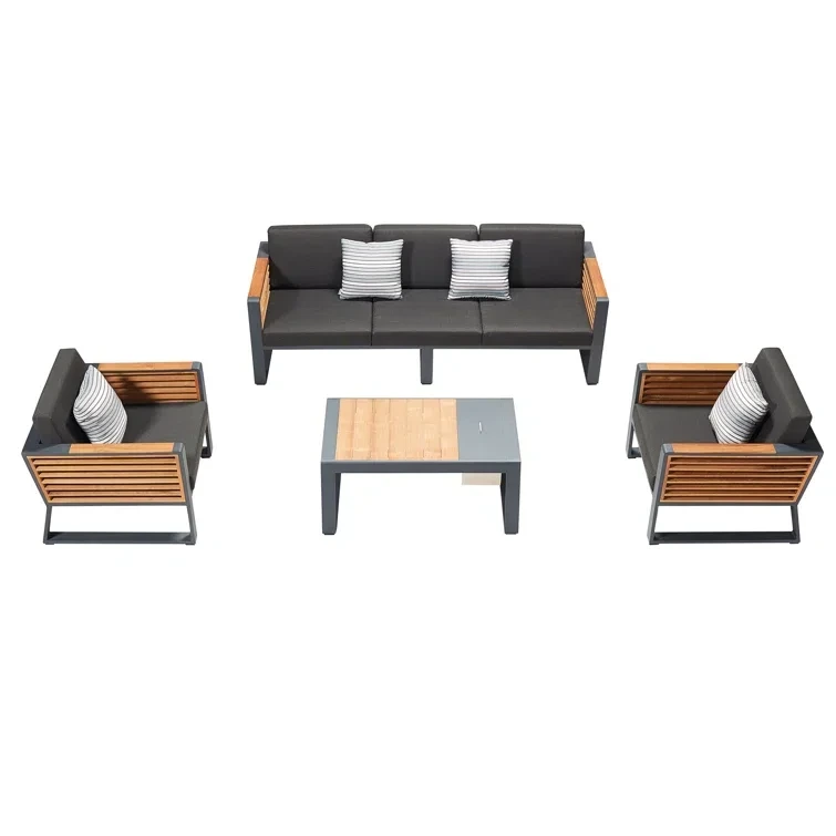 Meubles de Patio de luxe imperméables, ensemble de salon pour 5 personnes, avec accoudoir en teck, canapé d'extérieur, ensembles de Conversation de jardin 1