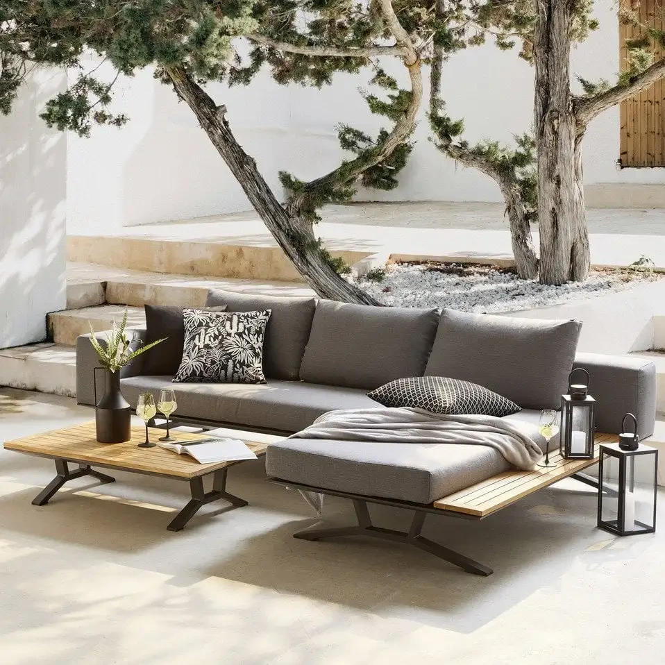 Cour de luxe imperméable à l'eau meubles d'extérieur Patio en aluminium étanche en bois ensembles de Conversation jardin teck bois coin canapé 1
