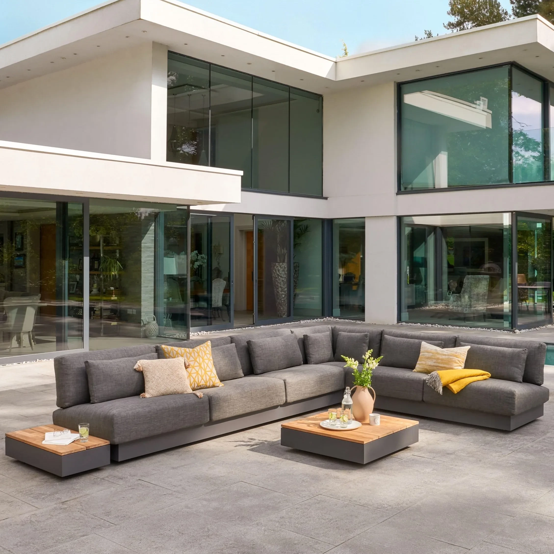 Ensemble de canapé de jardin de siège sectionnel de Patio en aluminium de meubles extérieurs en bois de teck en métal résistant à la rouille moderne de luxe 1