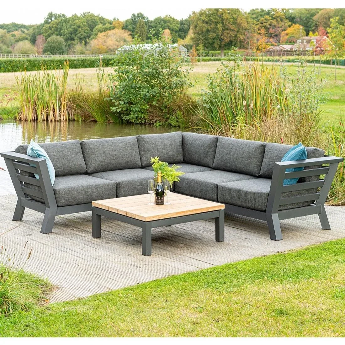 Ensembles de salon de Patio imperméables en métal, mobilier d'extérieur de luxe, avec Table en bois de teck, canapé d'angle de jardin en aluminium, nouvel arrivage 1