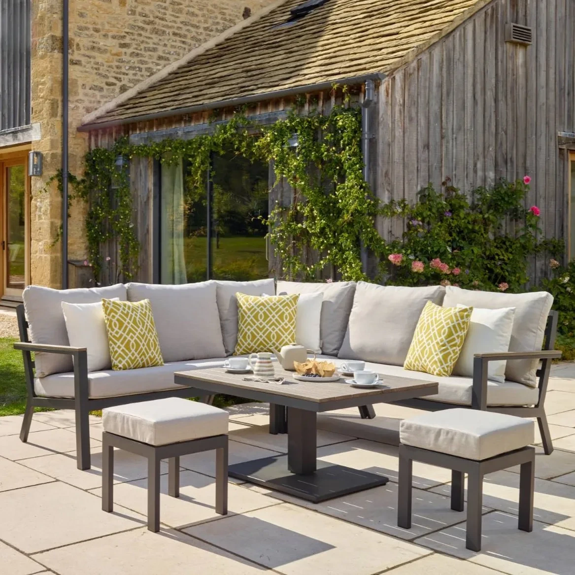 Ensemble de salle à manger d'arrière-cour, mobilier d'extérieur moderne, Patio, canapé de salon en aluminium en forme de L avec Table réglable en hauteur, canapé d'angle de jardin 1