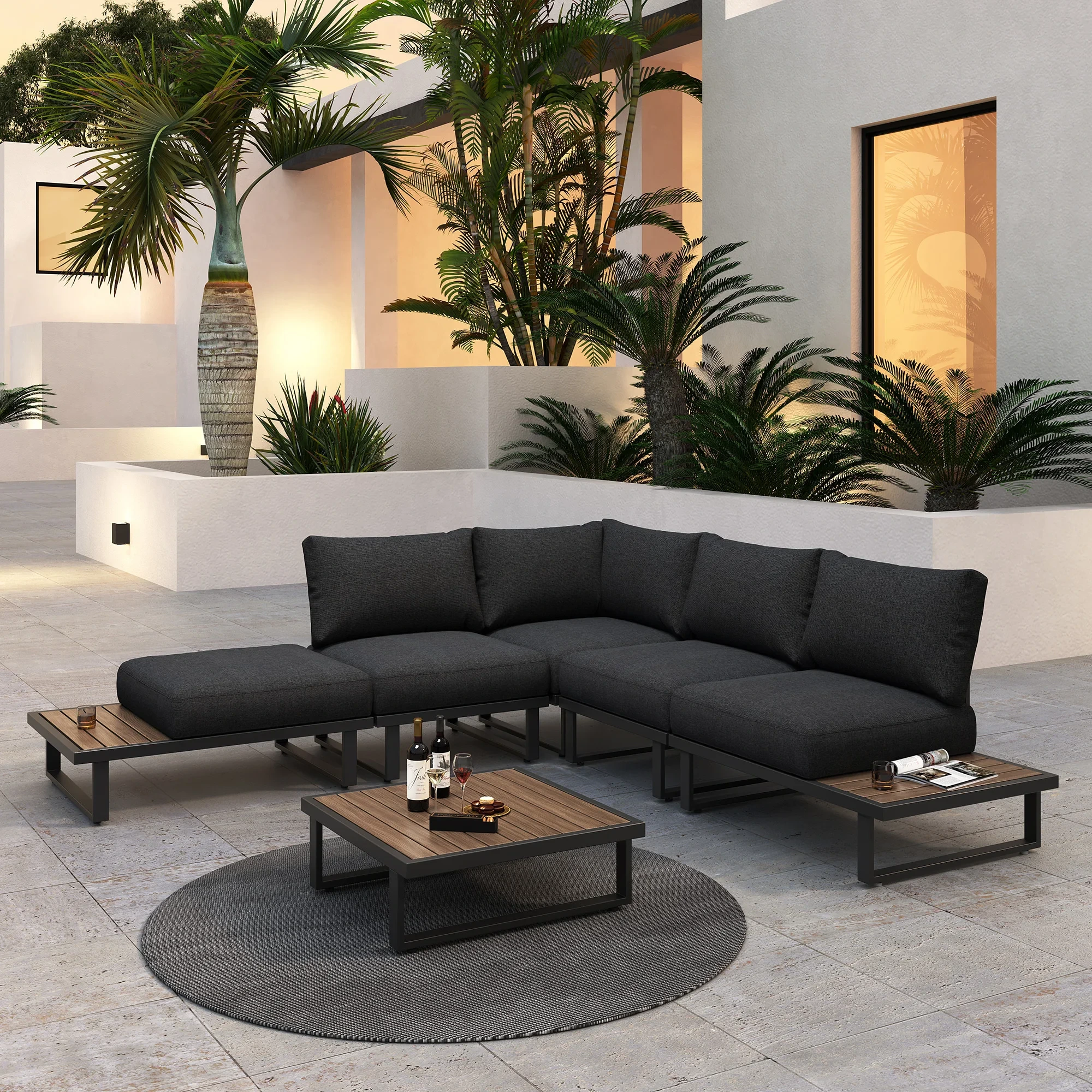 Meubles de Patio Papasan d'angle modernes, imperméables, canapé de jardin, hôtel, ensembles de canapés sectionnels en forme de L en aluminium 1
