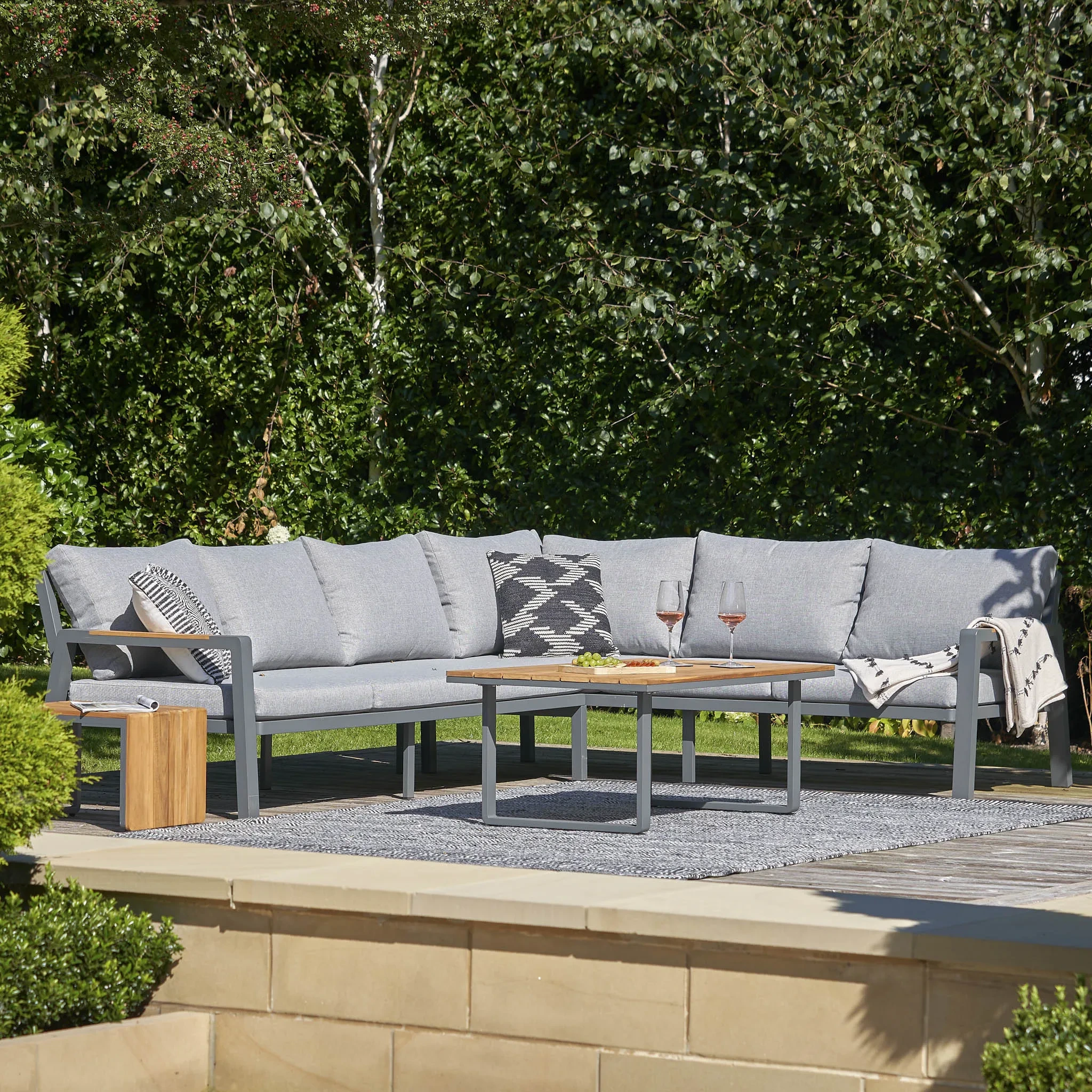 Luxury Outdoor Furniture Garden L Shape Sectional Sets Aluminum Patio Teak Wood Lounge Set Garden Corner Sofa 1