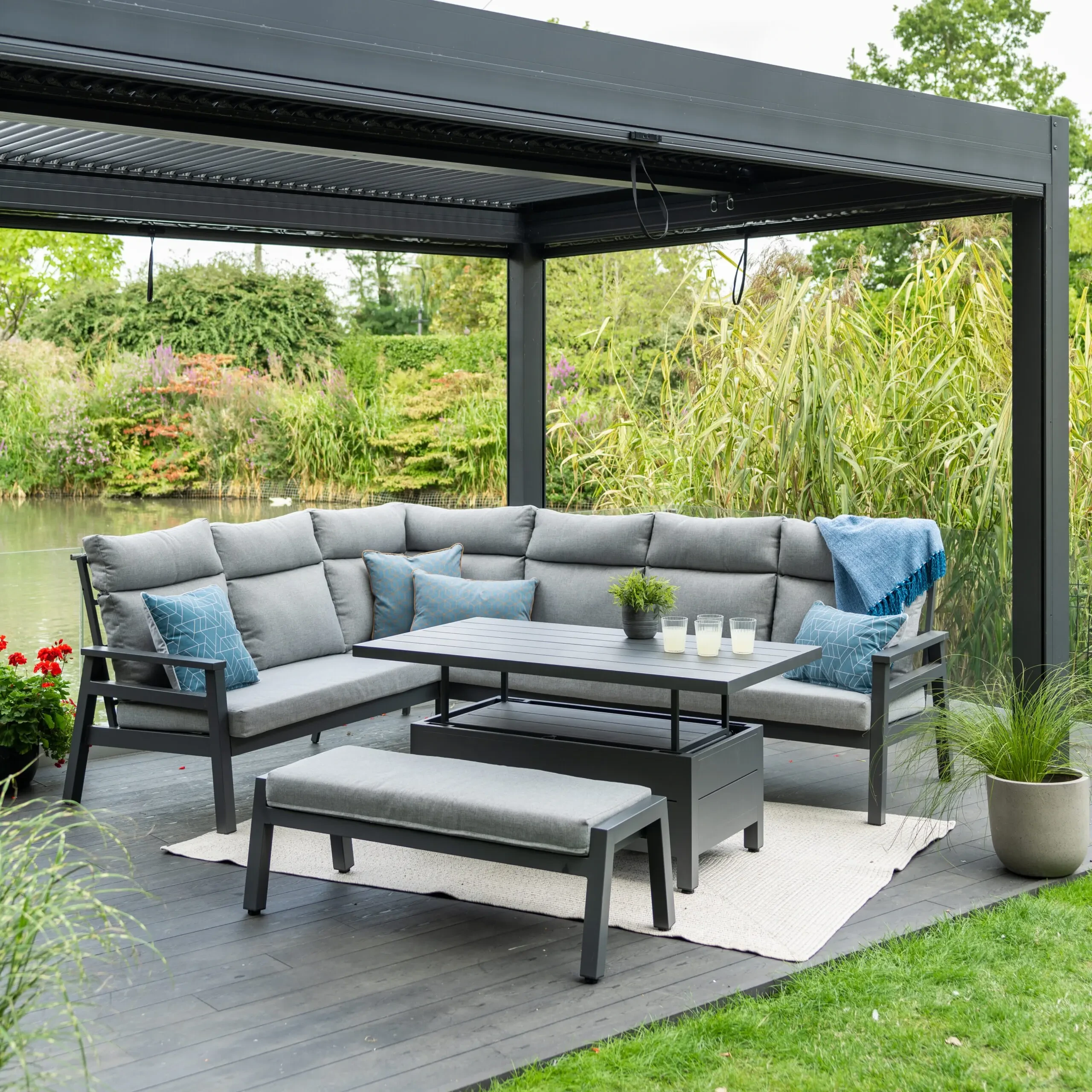 Outdoor Furniture Aluminum Sofa Sets L Shape Corner Sofa With Rising Table Luxury Garden Sofa Set Patio Lounge Set 1