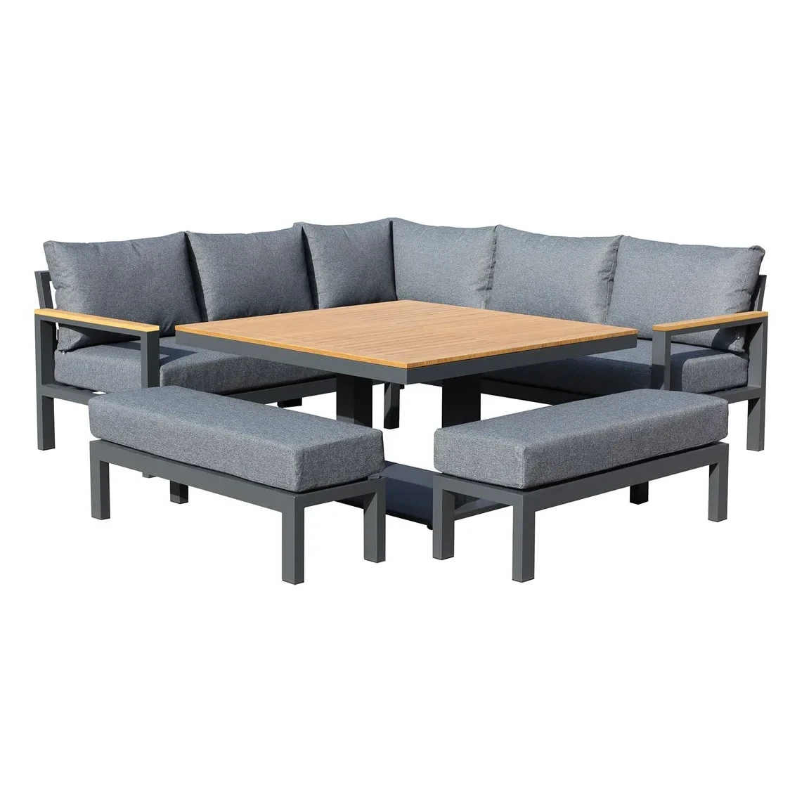 Canapé en aluminium imperméable en forme de L, mobilier d'extérieur de luxe, ensemble de Conversation en teck avec banc, canapé de jardin en aluminium 1