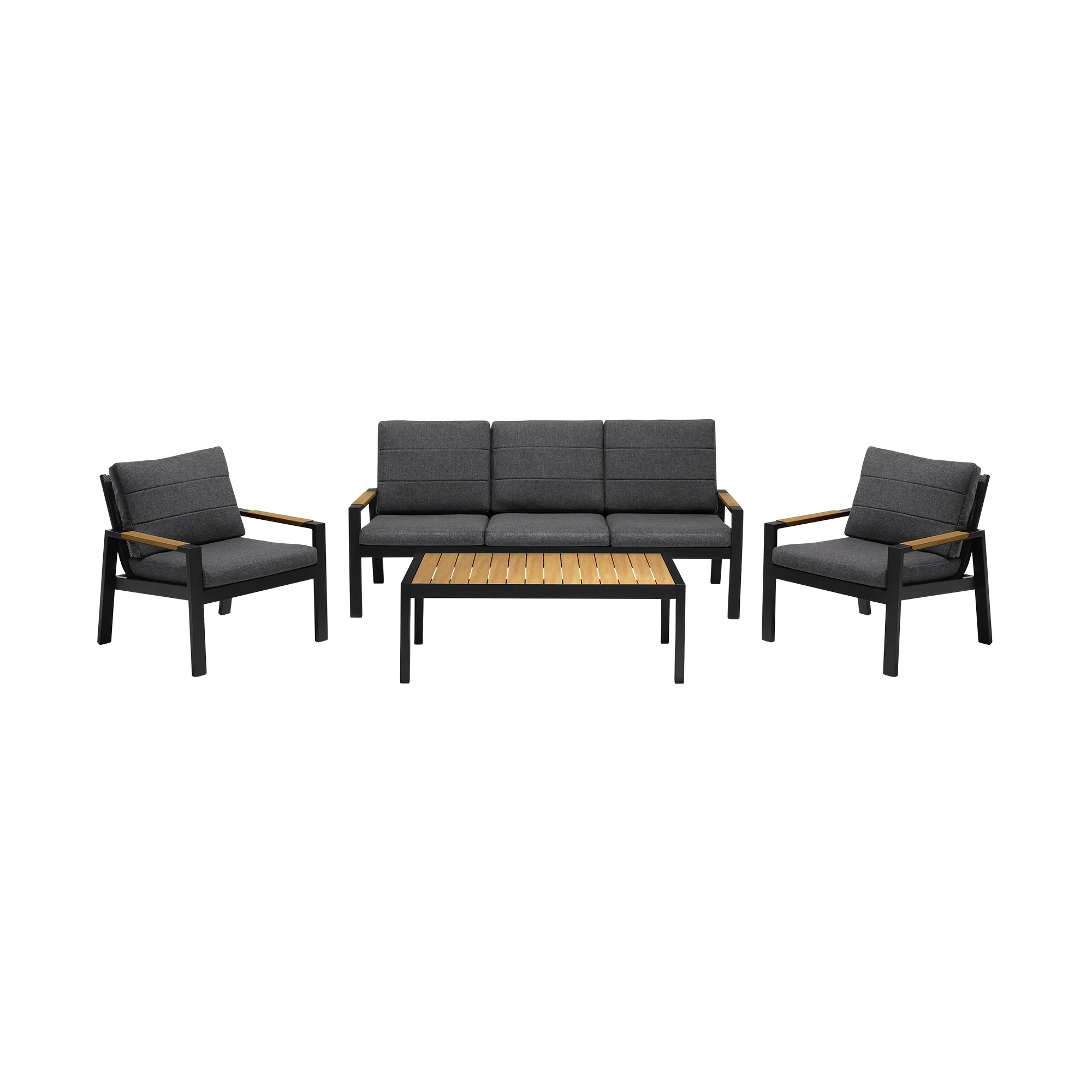 Ensembles de conversation modernes, meubles de Patio en métal et bois de teck, causeuse d'extérieur en aluminium noir avec coussins, ensemble de canapé de jardin, 4 pièces 1