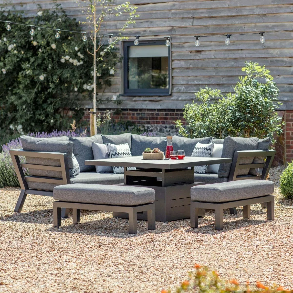 Canapé d'angle luxueux en forme de L en métal, avec Table à hauteur réglable, mobilier d'extérieur, ensemble de canapé de jardin en aluminium de luxe 1