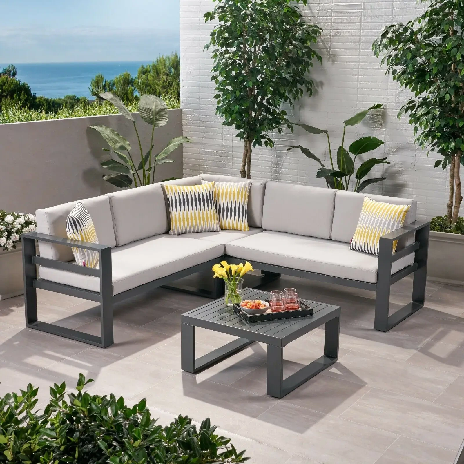 Ensembles de canapés de Patio, meubles en aluminium imperméables, 4 pièces, salon d'extérieur, canapé sectionnel de jardin en métal avec coussin en tissu 1