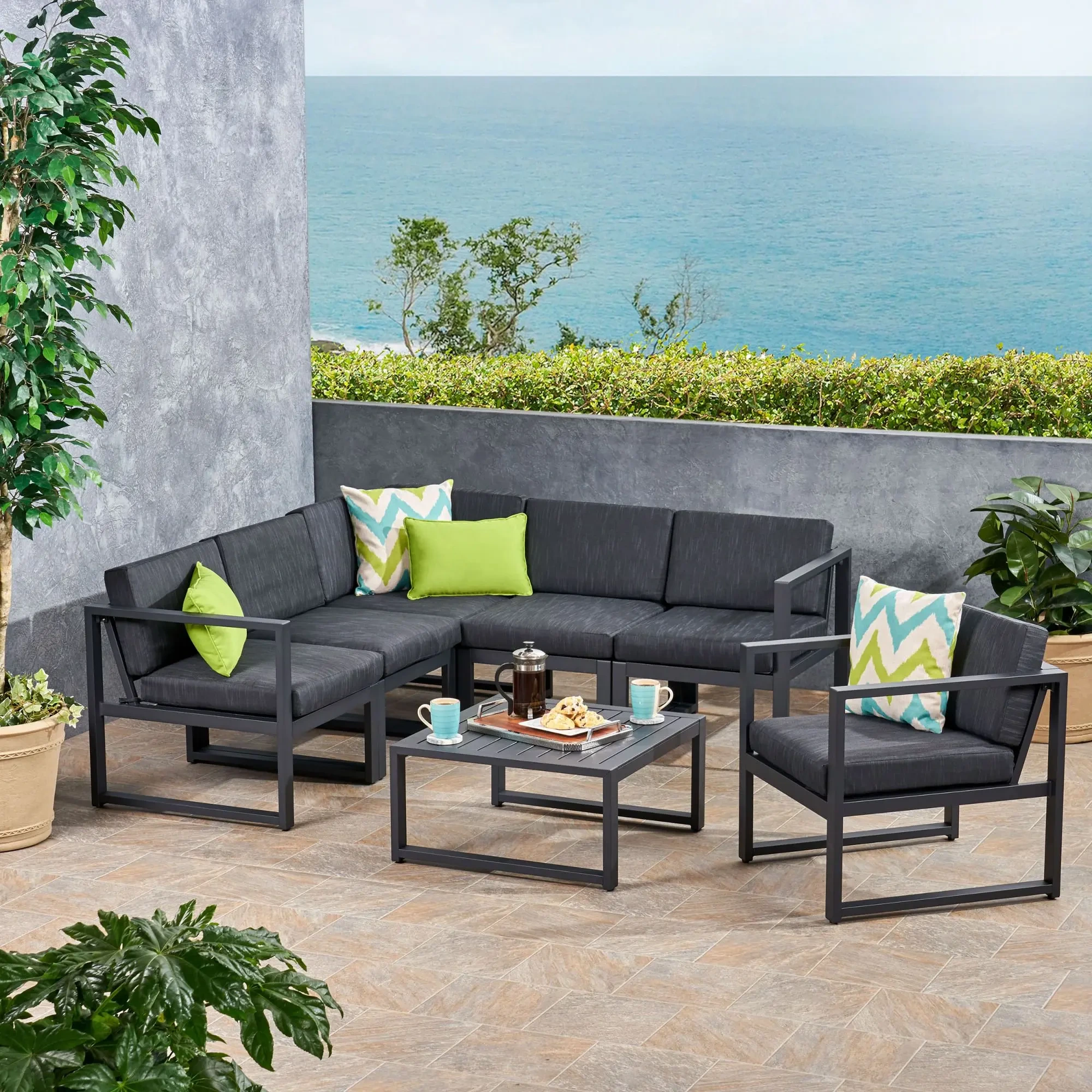 Ensemble de salon en métal et aluminium noir, 7 pièces, mobilier d'extérieur avec coussins gris foncé résistants à l'eau, ensemble de canapé de jardin 1