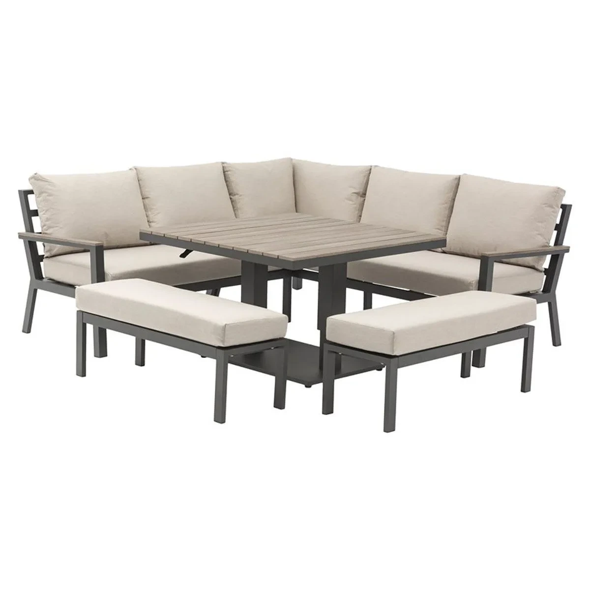 Ensemble de salle à manger en aluminium pour patio en métal, mobilier d'extérieur, canapé d'angle avec Table réglable à piston carré, tables de jardin & ensemble de chaises 1